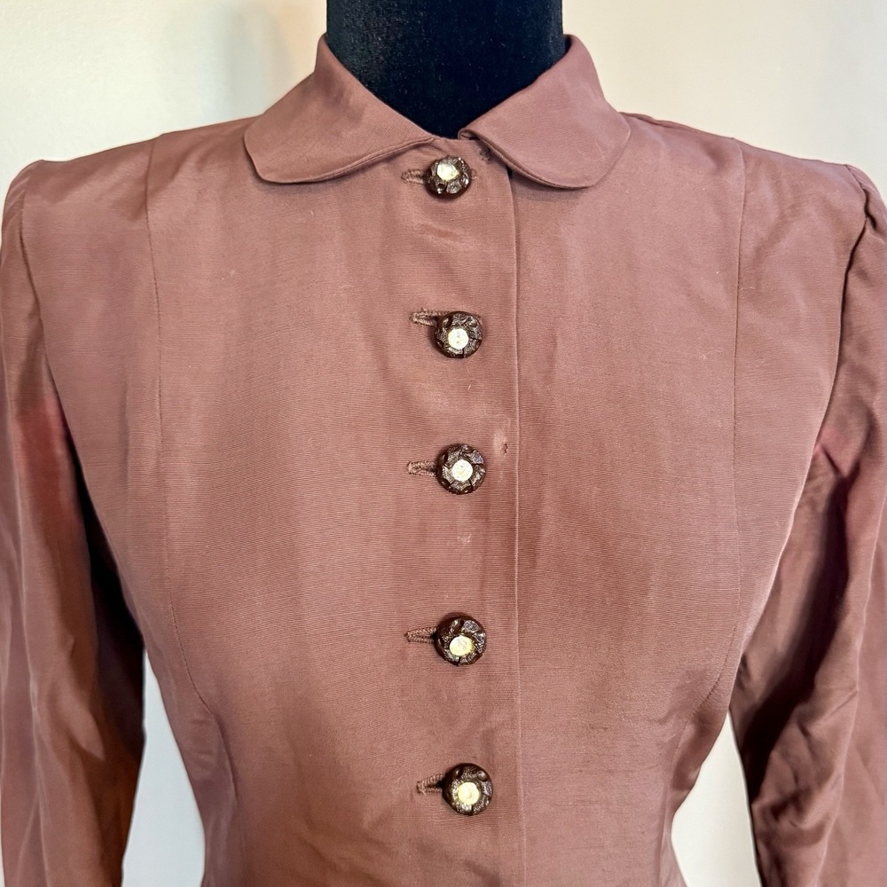 2pc VTG 40s MCM Brown Crepe Suit Rhinestone‎ Button Jacket A-Line Skirt Women S - Picture 5 of 16